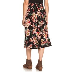Roxy Floral Midi Skirt - Black with Red & Green Flowers